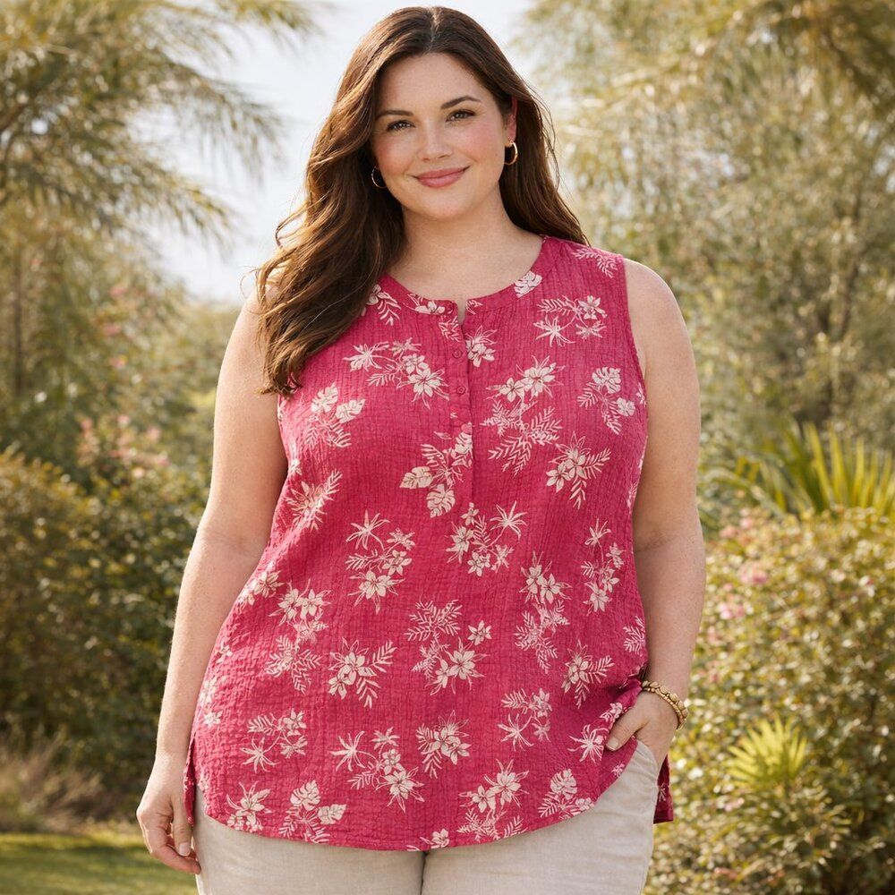 Woman Within Top Textured Cotton Sleeveless  Button Tropical Floral Deep Pink 3X